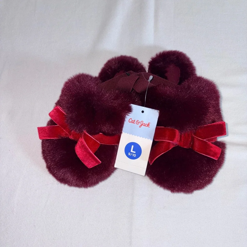 Cat & Jack Faux Fur Slippers 9/10 Burgundy NEW Velvet Bow Elastic Strap